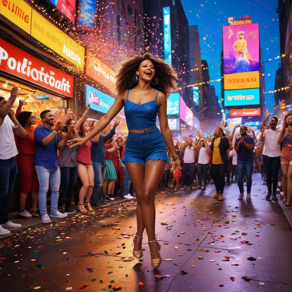 A vibrant street scene bustling with cheerful celebrities spreading joy, surrounded by a captivated crowd. The background features colorful billboards and twinkling lights of a lively entertainment district. Include elements of music, dance, and laughter, with confetti falling from above. Capture the essence of transformation and happiness in a dynamic composition. super-realistic. vibrant colors. 3D.