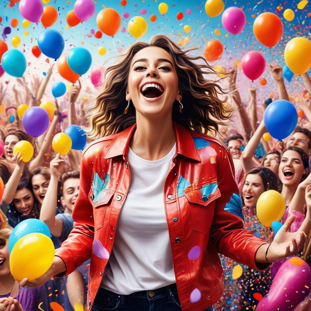 A vibrant collage showcasing a playful celebrity lifestyle, featuring a joyful celebrity surrounded by colorful balloons, confetti, and fans cheering. Include elements of pop culture like social media icons, trendy fashion, and musical notes swirling around. The background should burst with bright colors, evoking a sense of celebration and happiness. super-realistic. vibrant colors. 3D.