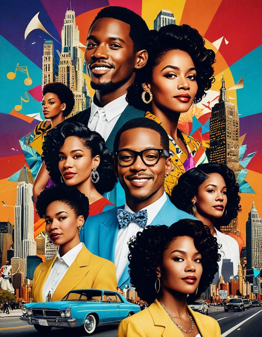 A lively collage of famous personalities from different eras, engaging in various artistic activities that showcase their influence on pop culture. Include iconic symbols like music notes, film reels, and fashion items swirling around them, with a vibrant city skyline in the background representing culture. The overall mood should reflect joy and inspiration. vivid colors. dynamic composition. digital art.